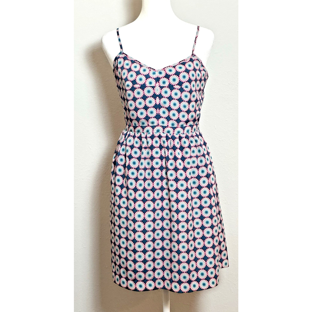 J Crew Print‎ Seaside Pink Blue Spaghetti Strap Cocktail Party Dress Size (2)